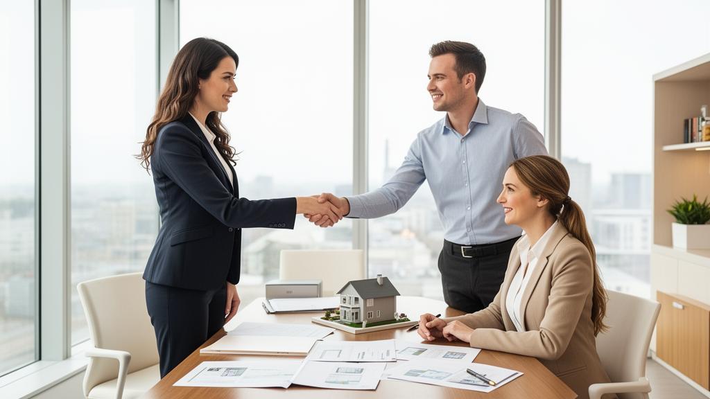Estate agent shaking hands with buyers