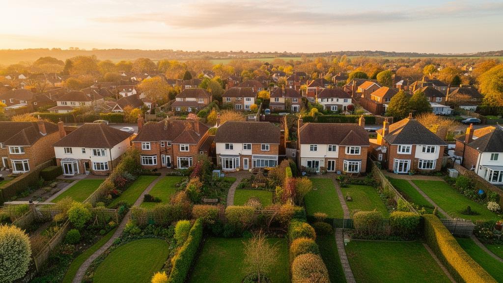 UK suburban neighbourhood aerial view